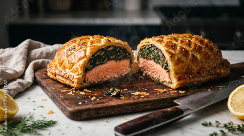 A Golden Brown Baked Puff Pastry Salmon Wellington Cut in Half to Reveal the Spinach Mushroom Stuffing and Juicy Pink Fish Center
