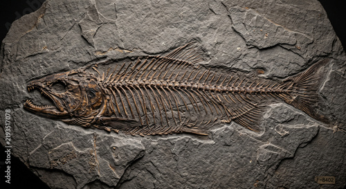 A Museum Display Macro Photograph of a Highly Detailed Fossilized Prehistoric Salmon Skeleton Embedded Deeply Within an Ancient Sedimentary Rock Slab
