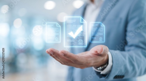 Business professional presenting digital documents with a checkmark symbol representing approval and successful completion