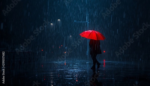 Person walking alone with red umbrella in heavy rain at night