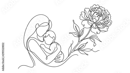Mother's Day meaningful simple art design. mother, child, flower on white background.