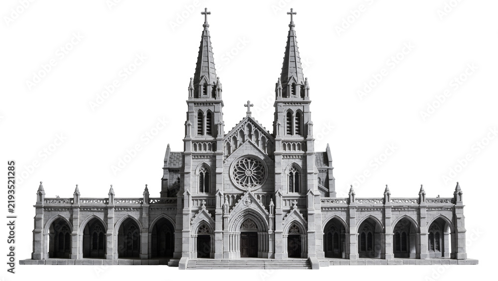 Obraz premium Gothic cathedral with twin spires and rose window, isolated on transparent background