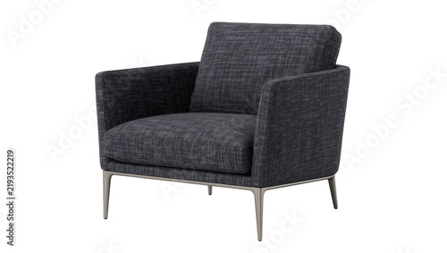 Canvas Print Modern dark grey upholstered armchair with slim metal legs, isolated on transpar