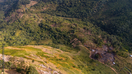 Aerial view of a winding hairpin bend dirt path on the hills near Kookal, Kodaikanal, Tamil Nadu, surrounded by lush green forests and scenic mountainous landscapes of the Western Ghats.