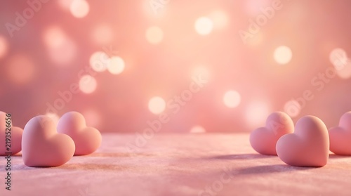 Pink heart shaped figures arranged on a surface with soft bokeh light background valentines romantic celebration abstract decoration
