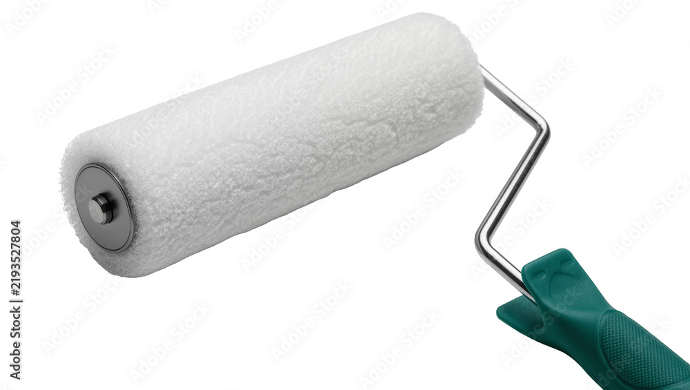 Fototapeta premium Fluffy white paint roller with metal frame and green handle, isolated on transparent background