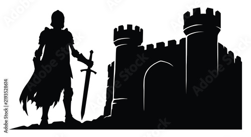 Foto A lone knight in full armor vigilantly stands guard before a foreboding dark med