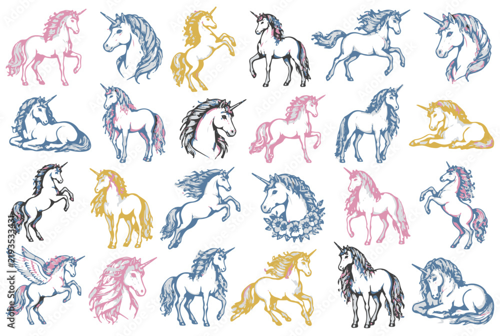 Fototapeta premium Unicorn Vector Art Compilation Featuring Colorful Mythical Creatures in Diverse Poses for Enchanting Designs