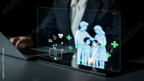 Obraz na płótnie A modern virtual health concept showcases a family interacting with a holographic display, symbolizing healthcare support and technological innovation in family wellness