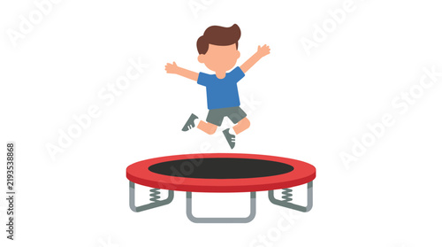 Boy jumping on a red trampoline flat vector illustration on white background