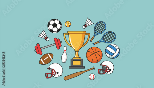 Golden champion trophy cup surrounded by various sports equipment like football, basketball, racket, and helmets.