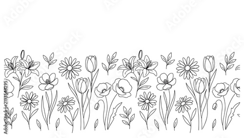 Floral background with flowers seamless pattern on white background.