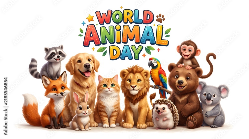 Fototapeta premium World animal day banner with group of diverse cute wildlife and pets