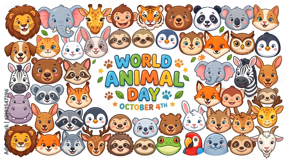 Fototapeta premium World animal day poster with cute cartoon animal character icons