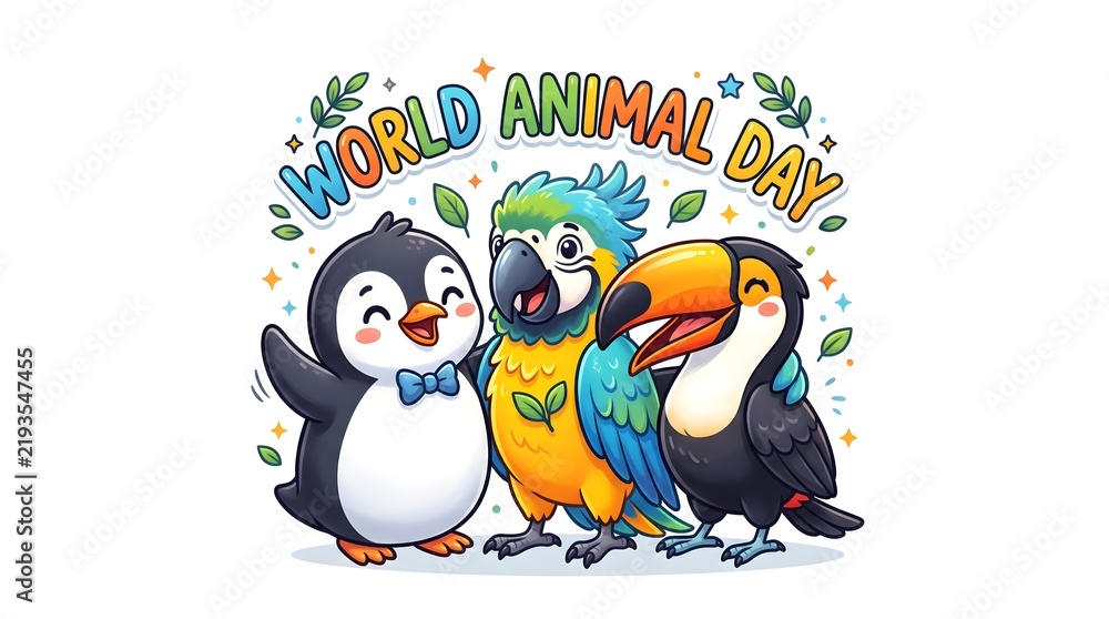 Obraz premium Cute cartoon birds celebrate world animal day together