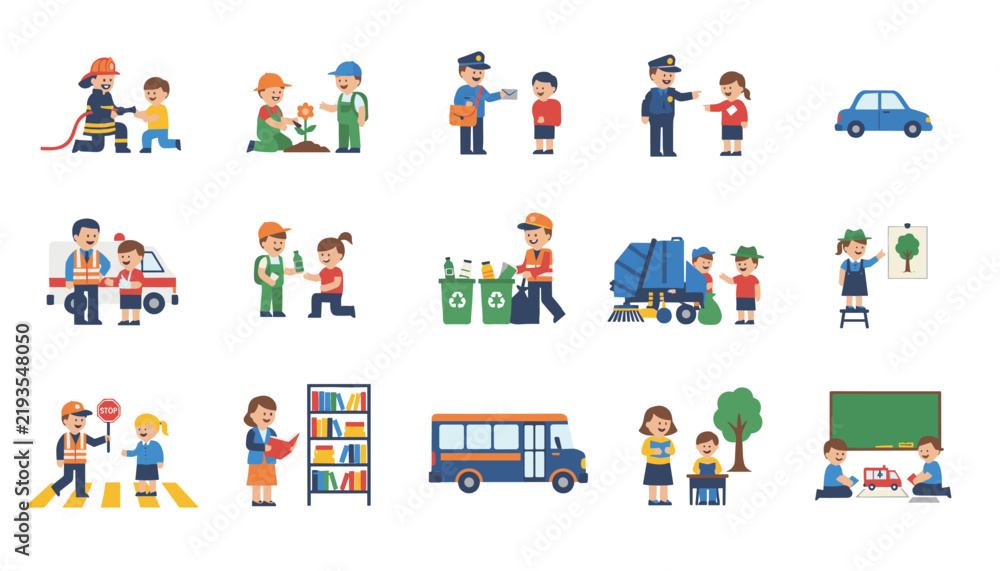 Fototapeta premium Set of pixel art characters depicting various community workers and children in daily activities