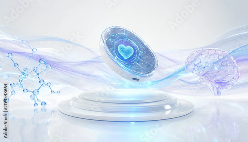 Futuristic medical device with heart and brain icons on a podium with flowing light technology health