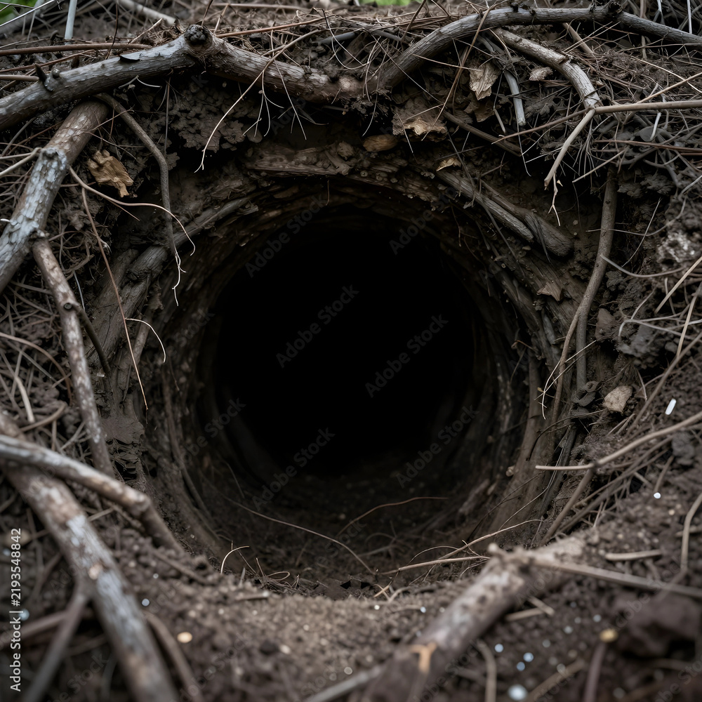 Fototapeta premium Mystery and unknown concept, dark tunnel entrance in the ground surrounded by dry branches and soil in a forest environment for adventure themes