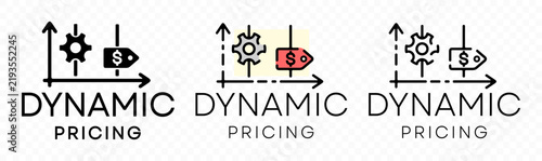 Vector artwork illustrating dynamic pricing concept on a stylized time-price graph. The design includes audio volume style knobs with a mechanical gear and a dollar sign price tag icon, representing