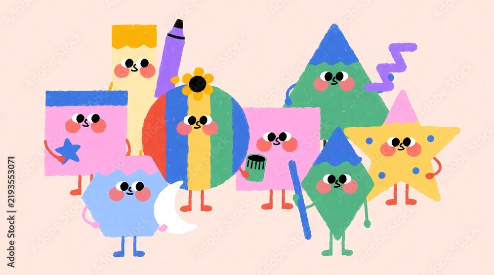 Fototapeta premium whimsical collection of brightly colored, childish cute crayon textured geometric characters, standing together, featuring circle, square, triangle, rectangle, rhombus, star, hexagon
