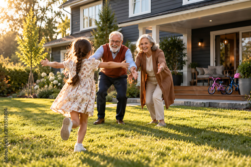 Grandparents welcoming their granddaughter with open arms on a sunny lawn