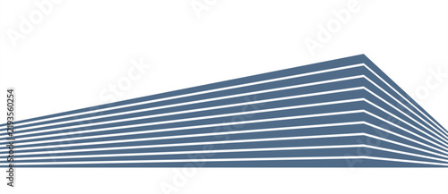 A series of parallel horizontal blue-gray lines converge sharply toward a single point on the right side, creating the impression of a tall building or skyscraper seen from below in dramatic perspecti
