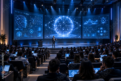 Audience listens to a speaker presenting data on a large screen display