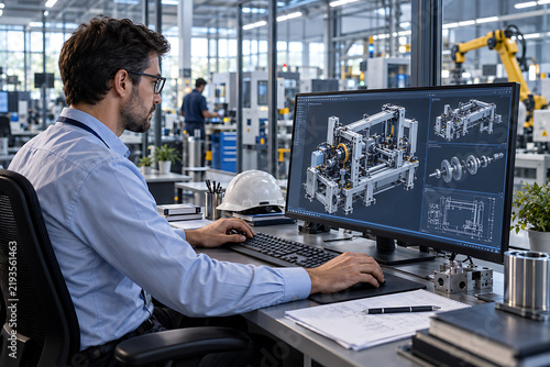 Engineer examines mechanical blueprint displayed on a computer monitor in factory