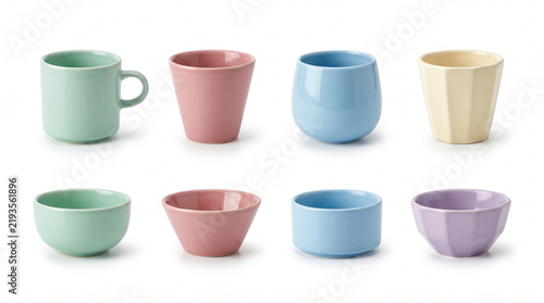 colorful cups on white background