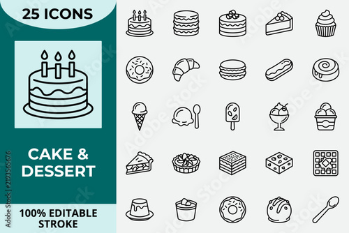 Cake and Dessert Editable Stroke Icons Featuring Cupcakes, Pastries, Ice Cream and Sweet Treats.