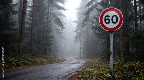Speed limit sign sixty in a misty forest on a wet road with woodland