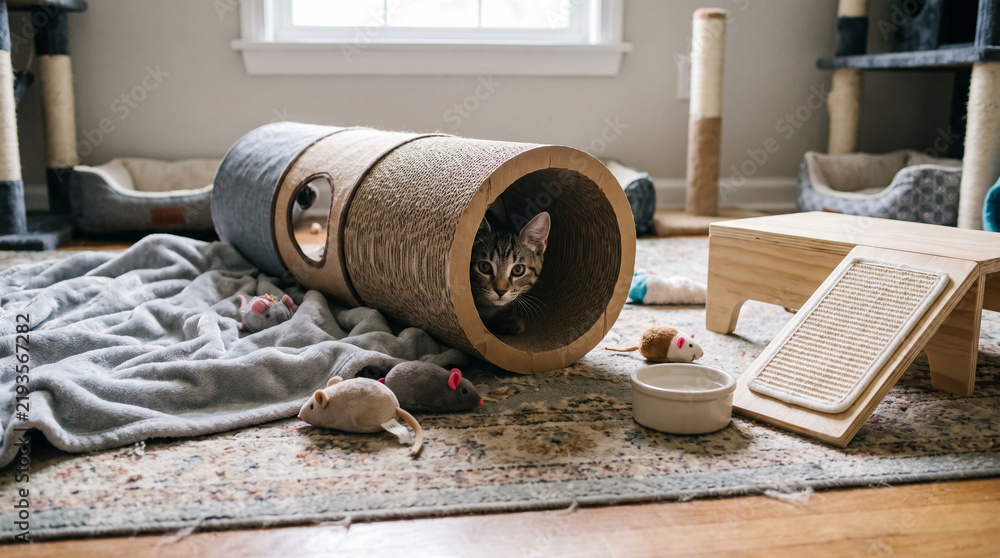 Fototapeta premium Playful Tabby Kitten Peeking Out from Scratching Play Tunnel with Pet Toys in Room. Concept of cat tunnel, cat playing, scratching post, enrichment, pet enrichment, foster kitten.
