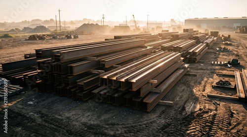 stacked structural steel  in a large outdoor construction supply yard during sunset.