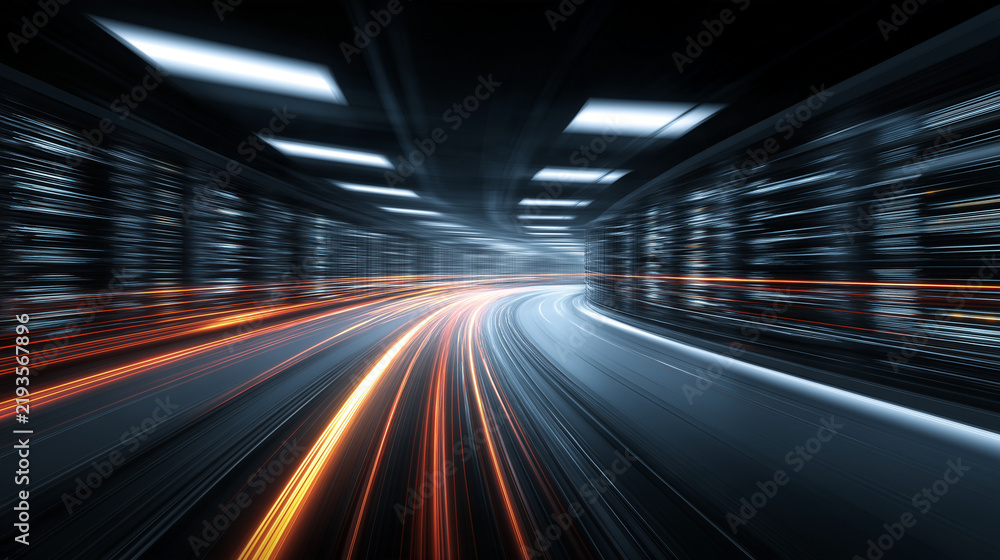 Fototapeta premium Data Center Server Corridor with High Speed Motion Light Trails Science Fiction Concept