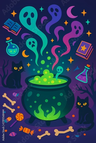 Neon halloween illustration with magic cauldron glowing green potion and colorful ghosts rising up