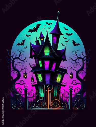 Spooky haunted house with glowing windows and bats against a colorful moon background