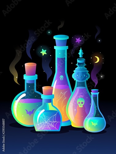 Neon glowing magic potion bottles with colorful liquids and smoke for Halloween design