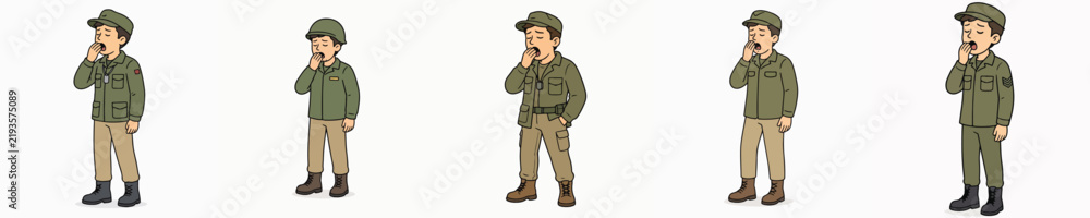 Obraz premium Set of male soldier vectors in standing and yawning poses.