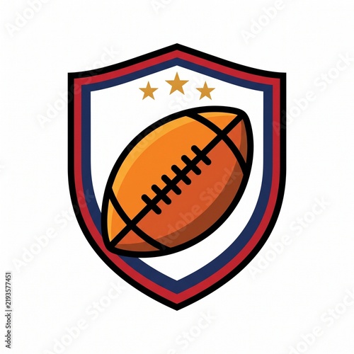 Dynamic American football vector emblem with a shield background, starring a brown football and three gold stars.