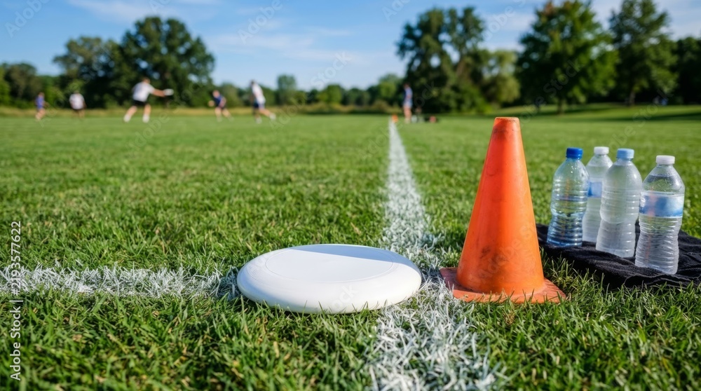 Fototapeta premium Frisbee and water bottles on a grassy field line, ready for a game, with copy space
