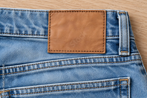 Denim jeans waistband with a brown leather patch detail close up view