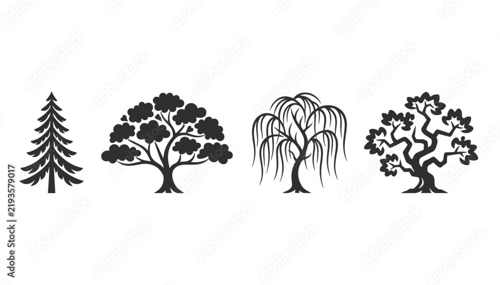Fototapeta premium Set of four distinct black tree silhouettes including a pine, oak, weeping willow, and an gnarled old tree isolated on a white background.