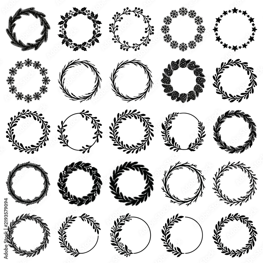 Fototapeta premium Collection of Hand Drawn Black Laurel Wreaths, Floral and Botanical Circular Frames Isolated on White Background