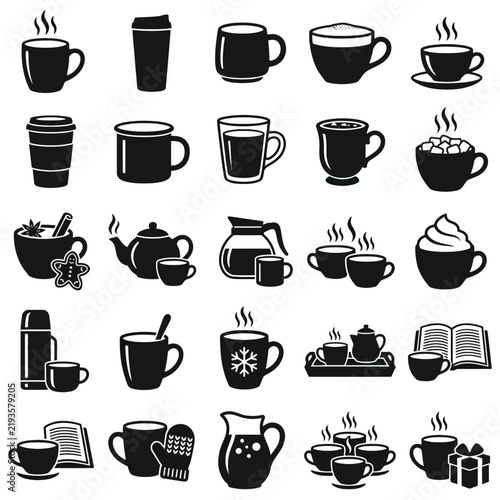 Hot Drinks and Coffee Cup Vector Icons Collection for Warm Winter Beverages and Cafe Elements