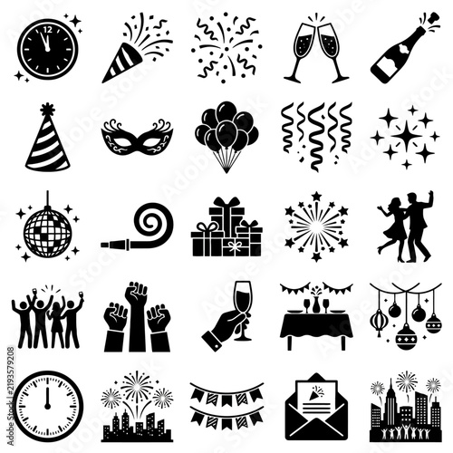 Collection of Festive New Year and Party Celebration Icons Featuring Fireworks Clocks Gifts and Dancing Silhouettes for Graphic Design