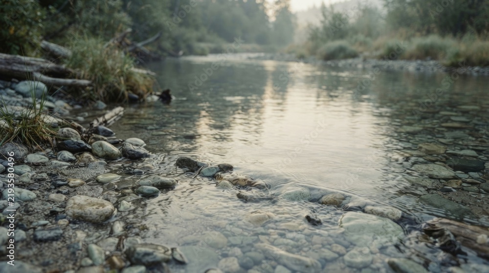 Obraz premium Serene river stream flowing over smooth, wet pebbles