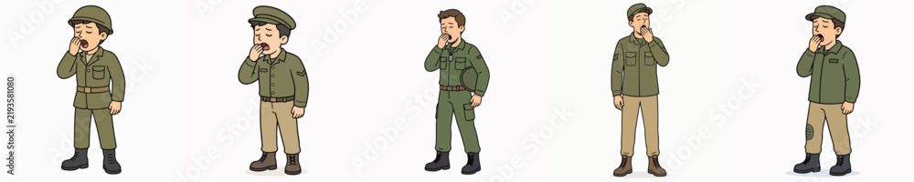Obraz premium Set of male soldier vectors in standing and yawning poses.