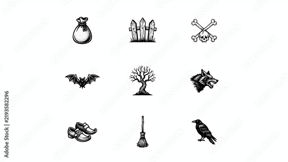 Fototapeta premium Woodcut style Halloween graphics featuring gothic symbols for rustic dark fantasy posters.
