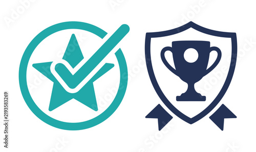 Fotografie Award and Achievement Icons: A graphic representation of success, featuring a star with a checkmark and a shield badge with a trophy, symbolizing accomplishment and recognition
