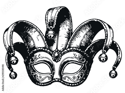 Jester Carnival Mask Engraving Style Vector Illustration